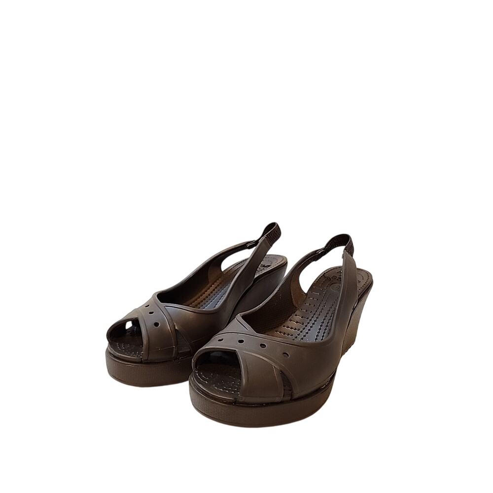Crocs Brown Farrah Wedge Heel Slip On Size 8 Sling Back Peep Toe